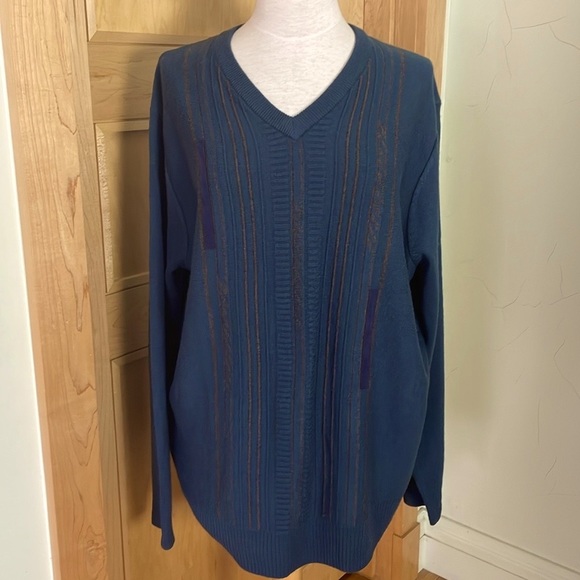Vintage ‘80’s/‘90’s Arnold Palmer V-Neck Blue With Grey Stripes Sweater, Size L - Picture 1 of 16